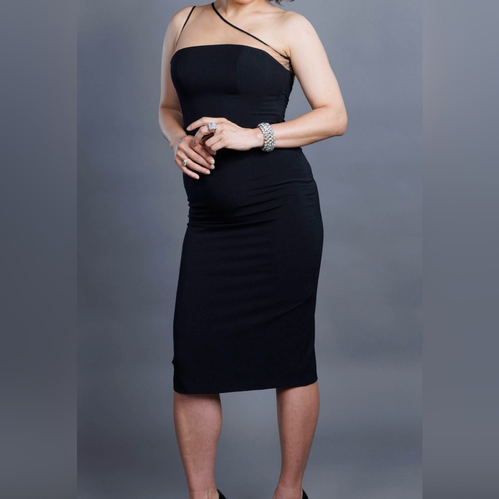 NWOT Dress The Population One Shoulder Sheer Midi Black Sheath Dress Sz Small - Picture 2 of 8